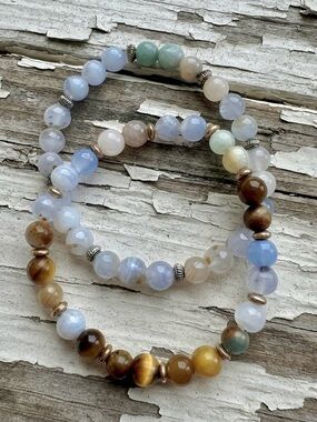 Mixed Gemstone Stretch Bracelet — Blue, Brown & Cream Beads